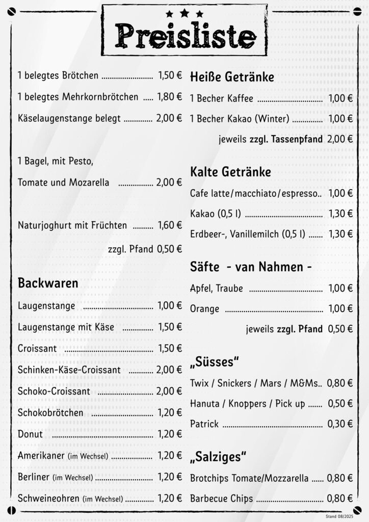 Preisliste Cafeteria Stand: 08.2025